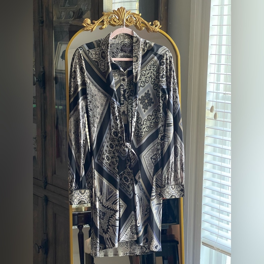 Hale Bob 100% Silk Scarf Neck Black and Cream 1/2 Button Down Mini Dress